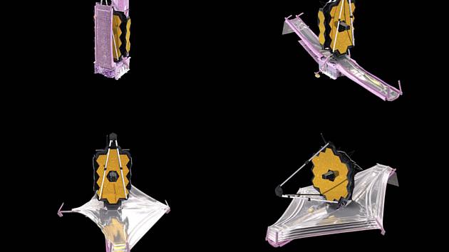 Rozvinutí komponentů vesmírného teleskopu Jamese Webba na počítačové animaci NASA