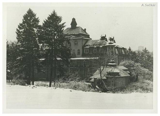 Hlavní budova sanatoria při pohledu z Višňovky za zimních dní
