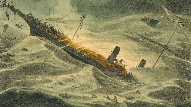 Dobová ilustrace zachycující potopení lodi