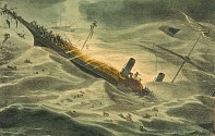 Dobová ilustrace zachycující potopení lodi