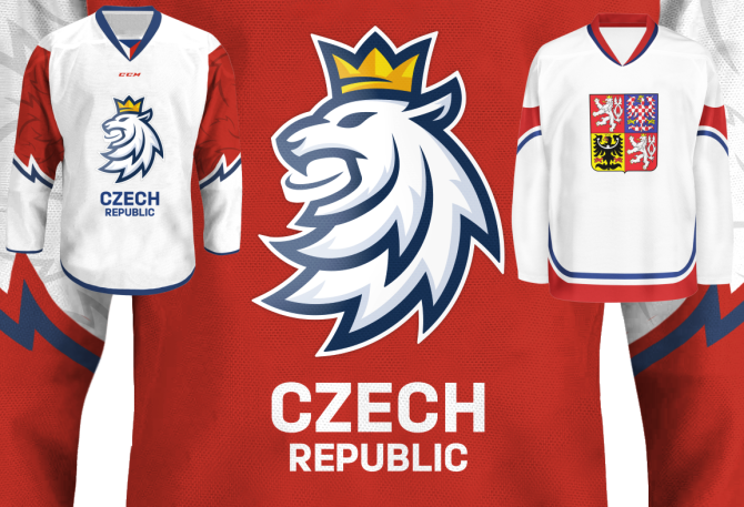 Čeští hokejisté budou hrát v nových dresech s novým logem (vlevo). Vpravo je dres z roku 2010.