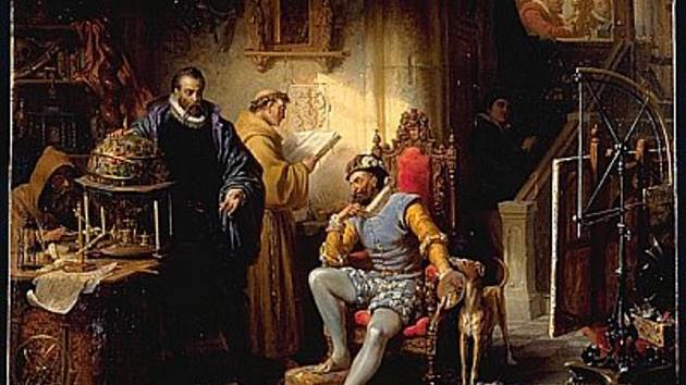 Astrolog Tycho de Brahe (stojící) ve společnosti císaře Rudolfa II. v roce 1600 na pražském dvoře