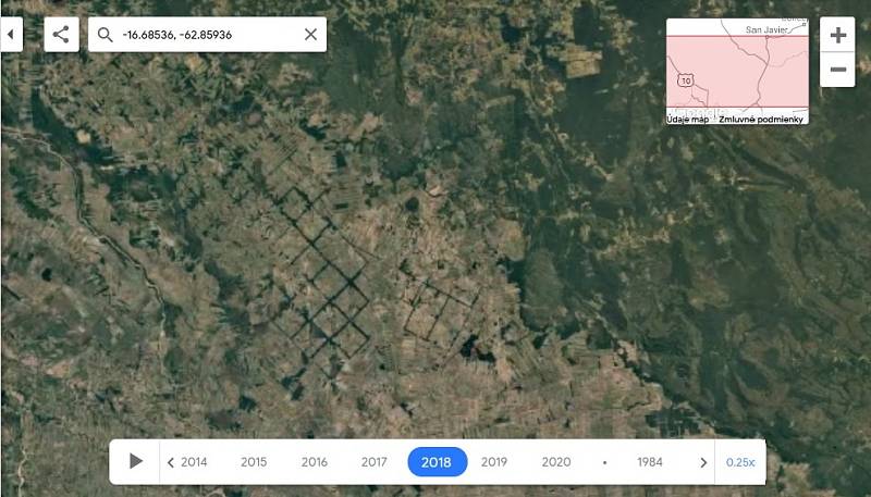 Nová aplikace Google Earth Timelapse umožňuje vidět proměnu planety v posledních čtyřiceti letech. Na snímku odlesňování pralesa v Bolívií, rok 1997.
