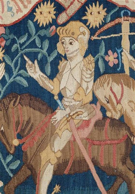 Jana z Arku ve zbroji a v sedle, výřez z tapiserie