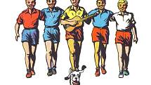 Rychlonožka, Jarka Metelka, Mirek Dušín, Červenáček a Jindra Hojer se psem Bublinou. Kresba pětice se psem Bublinou a logo Rychlých šípů jsou z publikace Rychlé šípy vydané Nakladatelstvím Olympia 