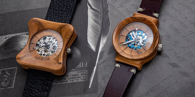 Dřevěné hodinky modely Edison a Scala automat. Pouzdra jsou vyrobena z Višňového dřeva, které vyrostlo v brněnské městské části Útěchov. Hodinky jsou osazeny skeletonovým strojkem značky Miyota.