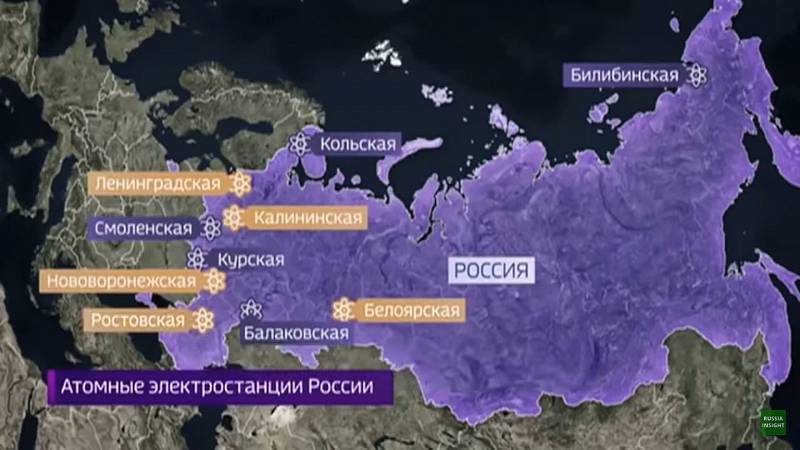 Výstavba jaderných elektráren v Rusku (žlutě jsou vyznačeny elektrárny uvedené do provozu)