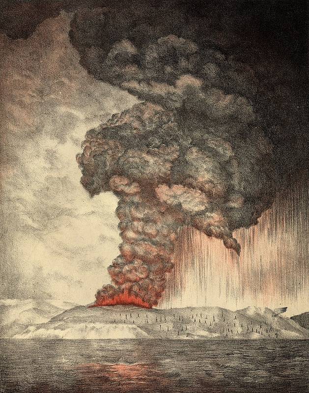 Ilustrace erupce sopky Krakatoa v roce 1883. Erupce sopky Novarupta v roce 1912 s ní byla srovnatelná.