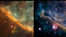 Snímek mlhoviny v Orionu zachycený Hubblovým teleskopem (vlevo) a dalekohledem Jamese Webba (vpravo)