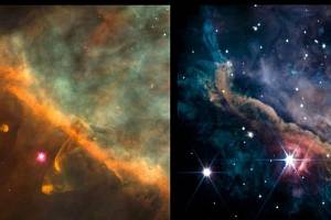 Snímek mlhoviny v Orionu zachycený Hubblovým teleskopem (vlevo) a dalekohledem Jamese Webba (vpravo).