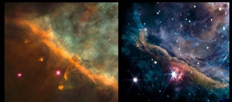 Snímek mlhoviny v Orionu zachycený Hubblovým teleskopem (vlevo) a dalekohledem Jamese Webba (vpravo).