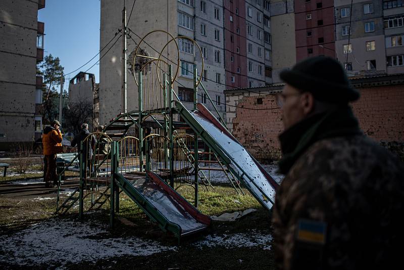 Vybombardovaný dům, 23. února 2023, Irpin, Ukrajina. 