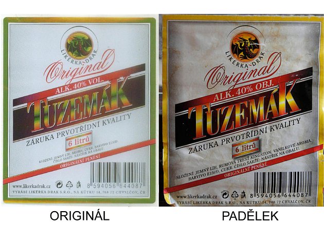 Porovnání etiket Likérky Drak a etiket na zabaveném alkoholu.