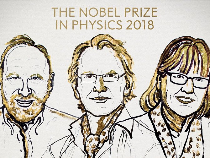 Vítězové Nobelovy ceny za fyziku 2018 Arthur Ashkin, Gérard Mourou a Donna Stricklandová