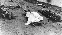 Oběti ofenzívy Tet. Tři příslušníci vojenské policie vietnamské armády, zabití během bojů v oblasti Saigonu, leží na nosítkách, mrtvý partyzán Vietkongu leží v pozadí