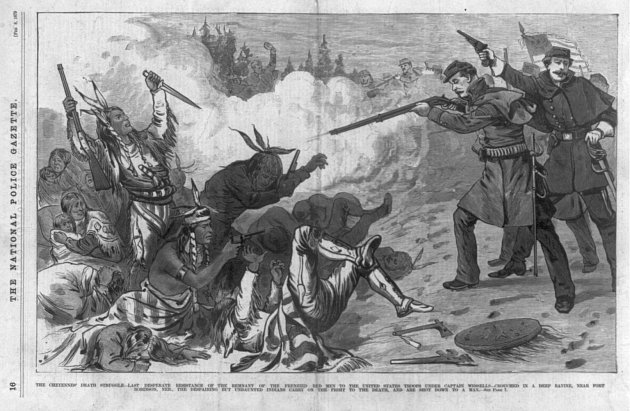 Dobová ilustrace zachycuje poslední zoufalý odpor zbytku uprchlých indiánů, které v hluboké rokli poblíž Fort Robinson postříleli vojáci pod velením kapitána Wessella
