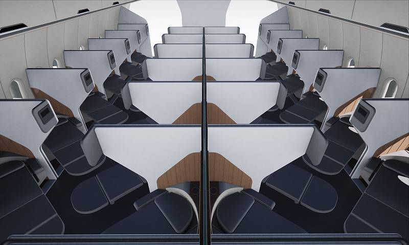 Jeden z oceněných návrhů interiérů letadel v prestižní soutěži Crystal Cabin Awards. Tento vytvořil designér Yu Jiayi.