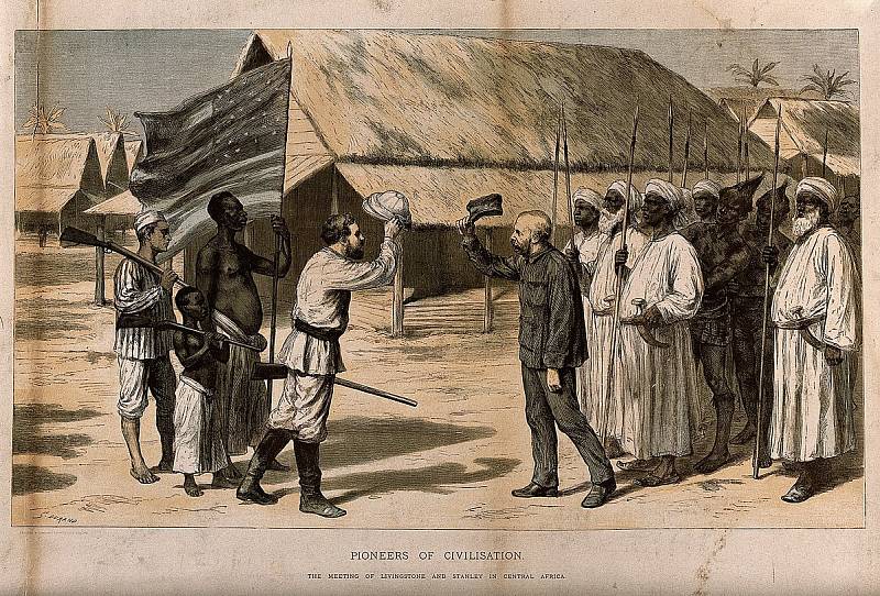 Jedna z mnoha kreseb zachycujících legendární setkání misionáře Davida Livingstona, považovaného za nenávratně ztraceného, a novináře Henryho Mortona Stanleyho dne 10. listopadu 1871