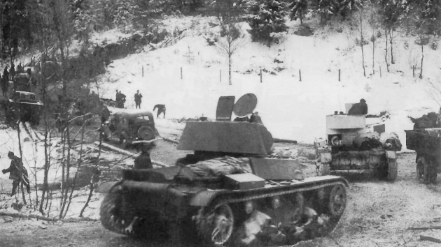 Lehké tanky T-26 sovětské 7. armády během sovětské invaze do Finska, 2. prosince 1939