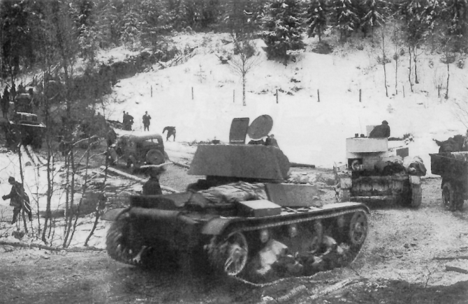 Lehké tanky T-26 sovětské 7. armády během sovětské invaze do Finska, 2. prosince 1939