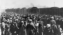 Selekce maďarských Židů na rampě v táboře Osvětim II-Birkenau v Němci okupovaném Polsku, někdy kolem května 1944