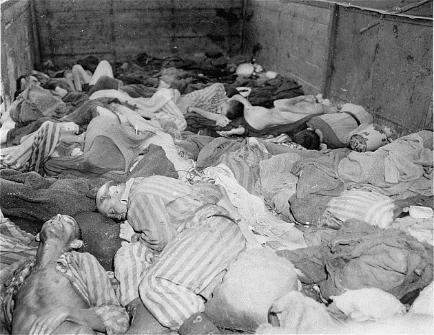 Mrtvoly vězňů ve vlaku smrti, který objevili američtí vojáci, kteří osvobodili koncentrační tábor Dachau.