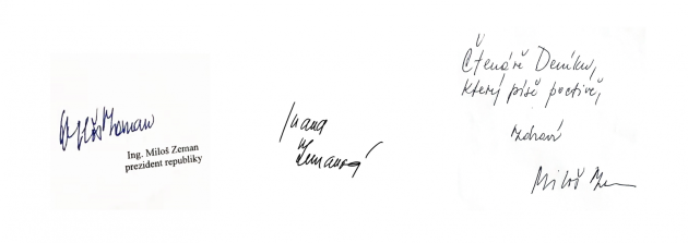 Tři podpisy pro porovnání: čtvrteční podpis prezidenta Zemana z nemocnice (vlevo), podpis první dámy Ivany Zemanové (uprostřed), podpis prezidenta Zemana pro Deník z minulých let (vpravo).