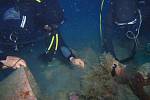 Potápěči zkoumají nálezy z vraku lodi.