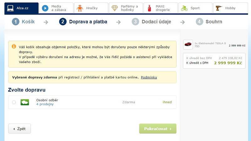 Prodej elektromobilů Tesla na e-shopu Alza.cz.