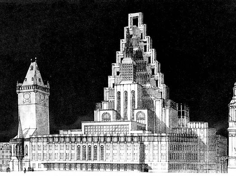 Soutěžní projekt na pražskou Staroměstskou radnici. Architekt Josef Gočár, 1909