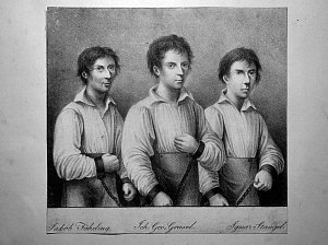 Jan Jiří Grasel (uprostřed) po dopadení v železech spolu se svými nejvěrnějšími kumpány. Zleva Jacob Fähding, Jan Jiří Grasel a Ignaz Stangl. Litografie Adolpha Friedricha Kunikeho z ledna 1818, pořízená krátce před popravou trojice