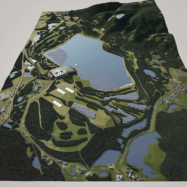 Vizualizace prostoru Green Mine s fotovoltaickými elektrárnami, a to jak klasickými polními či na střechách budov, tak i umístěných na pontonech.