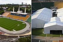 Stadion Pacaembu v brazilském São Paulu. Po hřišti se běžně prohání fotbalisté, nyní však slouží jako provizorní nemocnice.