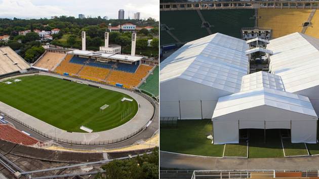 Stadion Pacaembu v brazilském São Paulu. Po hřišti se běžně prohání fotbalisté, nyní však slouží jako provizorní nemocnice.