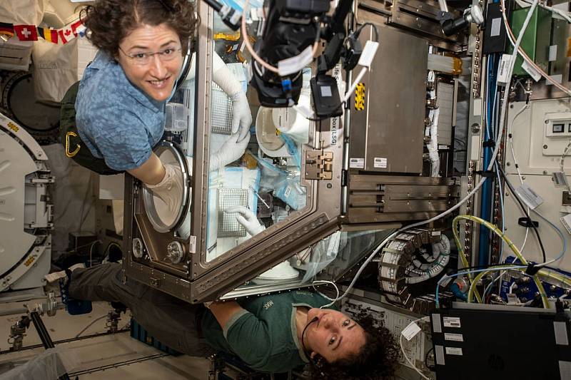 Astronautky Christina Kochová (nahoře) a Jessica Meirová při práci na Mezinárodní vesmírné stanici. Tyto dvě ženy uskutečnily první čistě ženský spacewalk v dějinách.