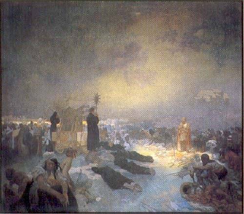 Alfons Mucha, obraz z cyklu Slovanská epopej s podtitulem "Po bitvě na Vítkově: Tě Boha chválíme", dokončený v roce 1916