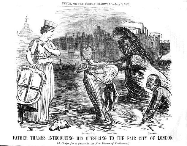 Novinová karikatura komentující páchnoucí a znečištěnou řeku Temži v době takzvaného Velkého zápachu v Londýně v létě 1858. Otec Temže na ní Londýnu dává svého potomka v podobě cholery a dalších nemocí.