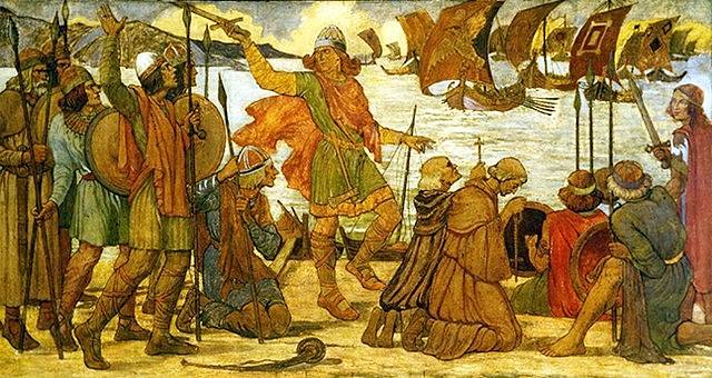 Vylodění vikingské flotily v roce 841 v Dublinu, obraz Jamese Warda