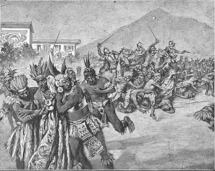 Útok španělské kavalerie na neozbrojené Inky, shromážděné při slavnostní hostině ve městě Cajamarca