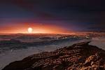 Umělecká představa povrchu exoplanety Proxima b, obíhající červeného trpaslíka Proxima Centauri, hvězdu nejbližší sluneční soustavě. Proxima b je hmotnější než Země a nachází se v obyvatelné zóně své hvězdy, s teplotou vhodnou pro výskyt kapalné vody
