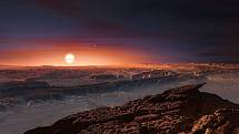 Umělecká představa povrchu exoplanety Proxima b, obíhající červeného trpaslíka Proxima Centauri, hvězdu nejbližší sluneční soustavě. Proxima b je hmotnější než Země a nachází se v obyvatelné zóně své hvězdy, s teplotou vhodnou pro výskyt kapalné vody