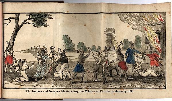 Indiáni a černí masakrují bílé na Floridě v lednu 1836, říká dobový popisek. Dřevoryt z díla nazvaného Pravdivý a autentický popis indiánské války na Floridě