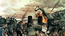 Těžký boj o Ludendorffův most u Remagenu, zachycený na dobové ilustraci
