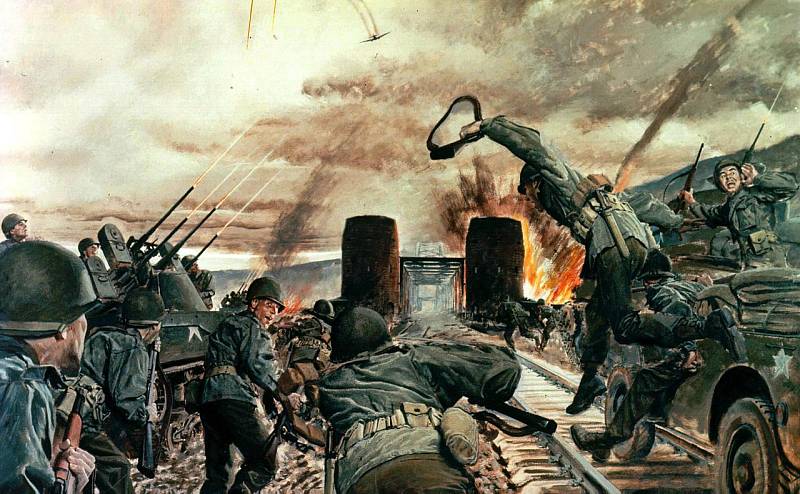 Těžký boj o Ludendorffův most u Remagenu, zachycený na dobové ilustraci