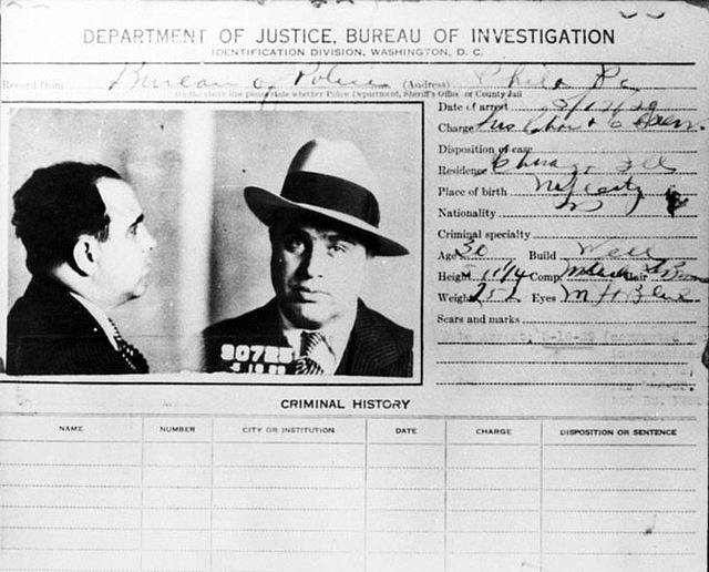 Al Caponeho karta v policejním rejstříku s popisem jeho trestné minulosti
