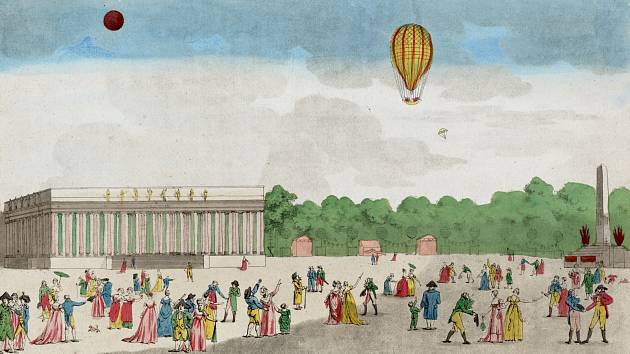Z prvních sestupů padákem z balonu se brzy staly senzace. Na obrázku sestup, který se uskutečnil nad Champs Elyseés u příležitosti Dne pádu Bastilly 14. července roku 1801