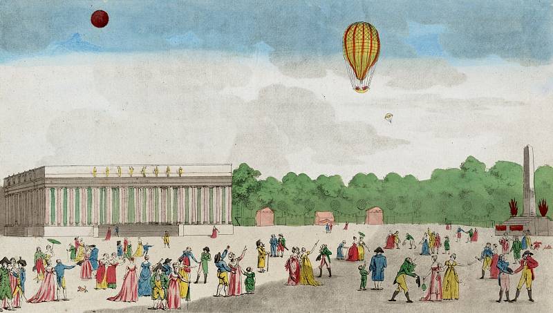 Z prvních sestupů padákem z balonu se brzy staly senzace. Na obrázku sestup, který se uskutečnil nad Champs Elyseés u příležitosti Dne pádu Bastilly 14. července roku 1801