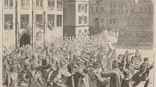 Defenestrace na Novoměstské radnici v Praze roku 1483 (Česko-moravská kronika, 1872)