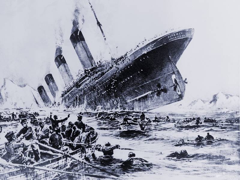 Potopení Titanicu na dobové ilustraci