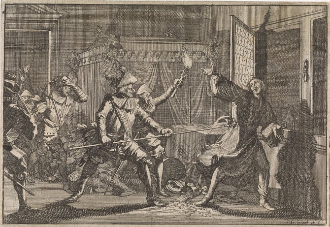 Albrecht z Valdštejn, vévoda Frýdlantský, je zavražděn svými vlastními vojáky 25. února 1634 v Chebu, ilustrace z knihy Joba Ludolfa Obecná etapa světa, vydané v roce 1701 ve Frankfurtu nad Mohanem